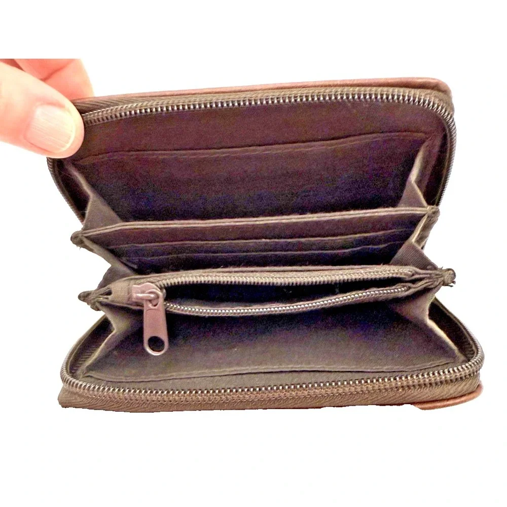 STRADA Brown Leather Wallet with Zip-Around Closure for Men or Women